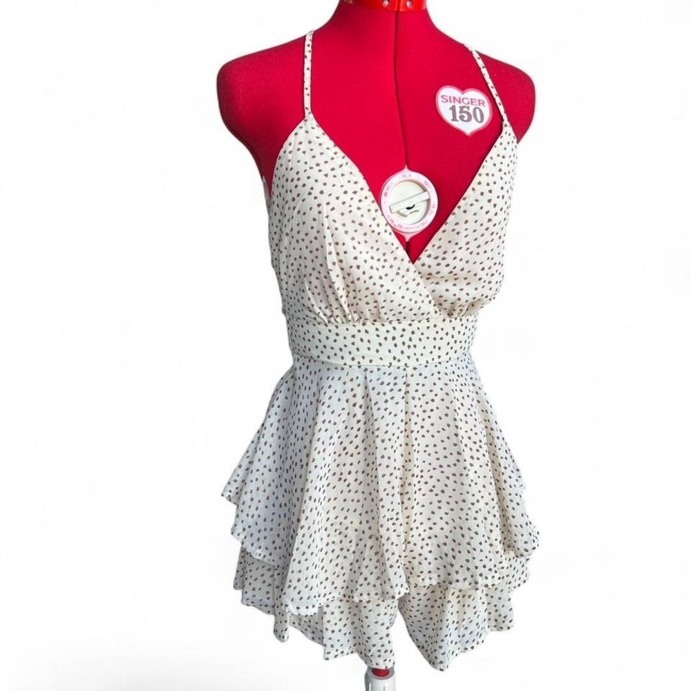Polly White/Cream & Brown Polka Dot Ruffle Romper Tie Back US 2